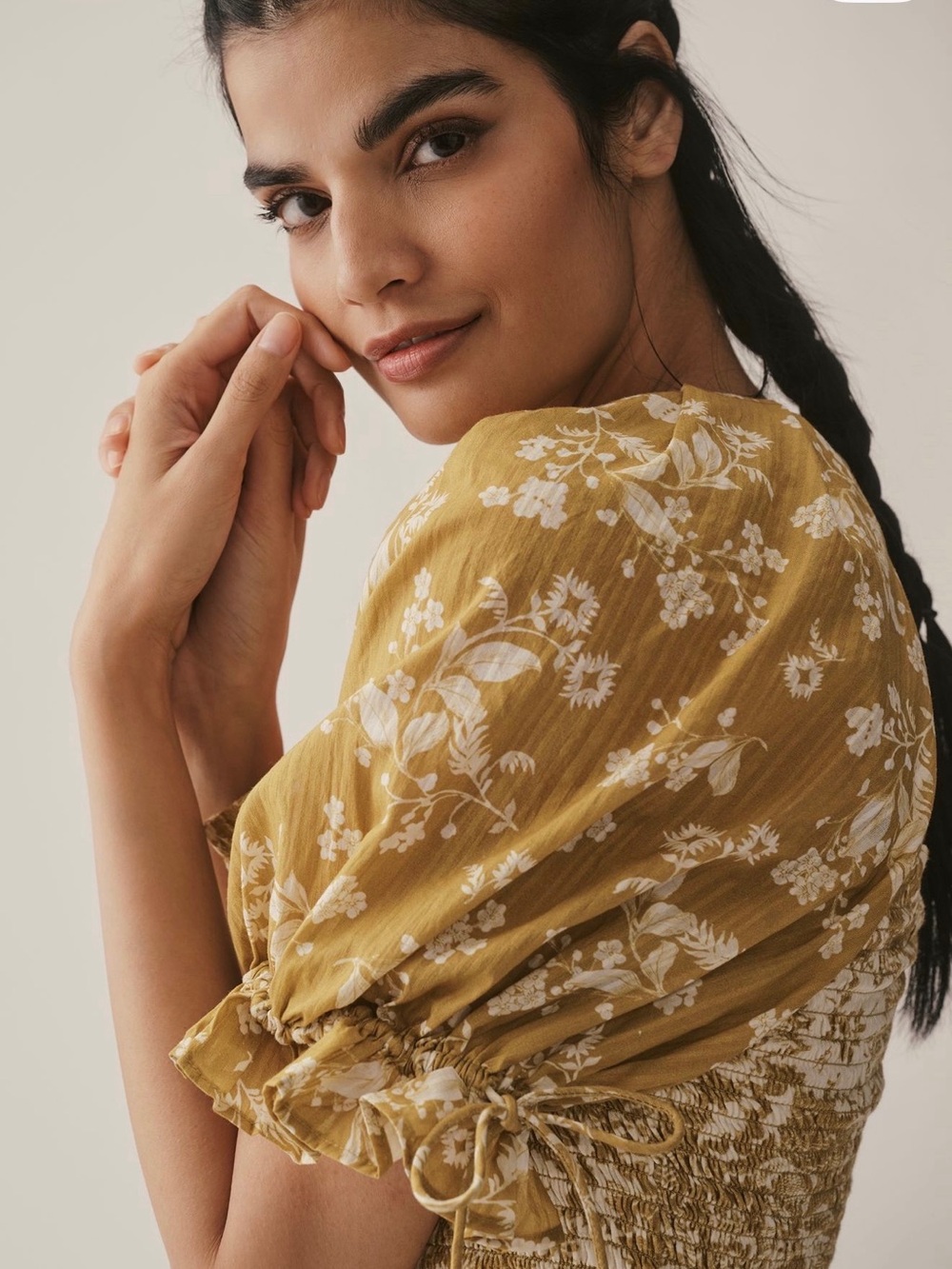 Anthropologie Mustard Floral Smocked Puff Sleeve Top - Picture 8 of 12